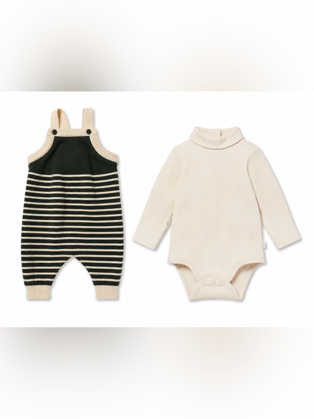 MORI Knitted Stripe Overall+ Ribbed Turtleneck Bodysuit 0-3M